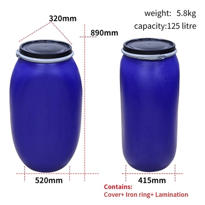 125L Nhựa hóa học HDPE Mở trên cùng với Vòng sắt 80 Độ